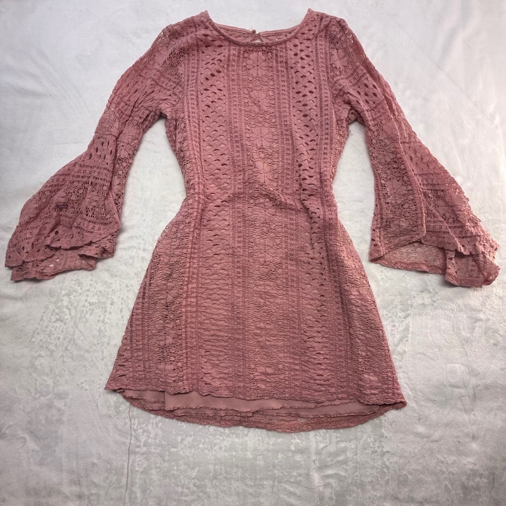 Altar'd State Pink Lace Sleeve Dress Bohemian Aesthetic Flared Sleeves Large